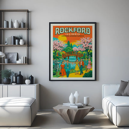 Poster for Anderson Japanese Gardens, Rockford, Illinois, with people and cherry blossoms.