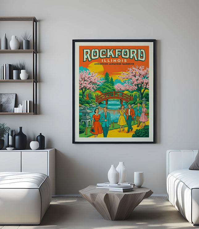 Poster for Anderson Japanese Gardens, Rockford, Illinois, with people and cherry blossoms.
