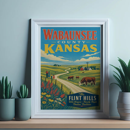 Wabaunsee County Kansas poster with rural landscape and text.