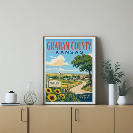 Graham County, Kansas poster with sunflowers, road, and text.