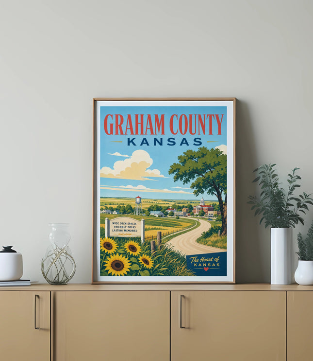 Graham County, Kansas poster with sunflowers, road, and text.