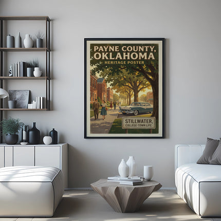Payne County, Oklahoma Heritage Poster featuring Stillwater, college-town life.