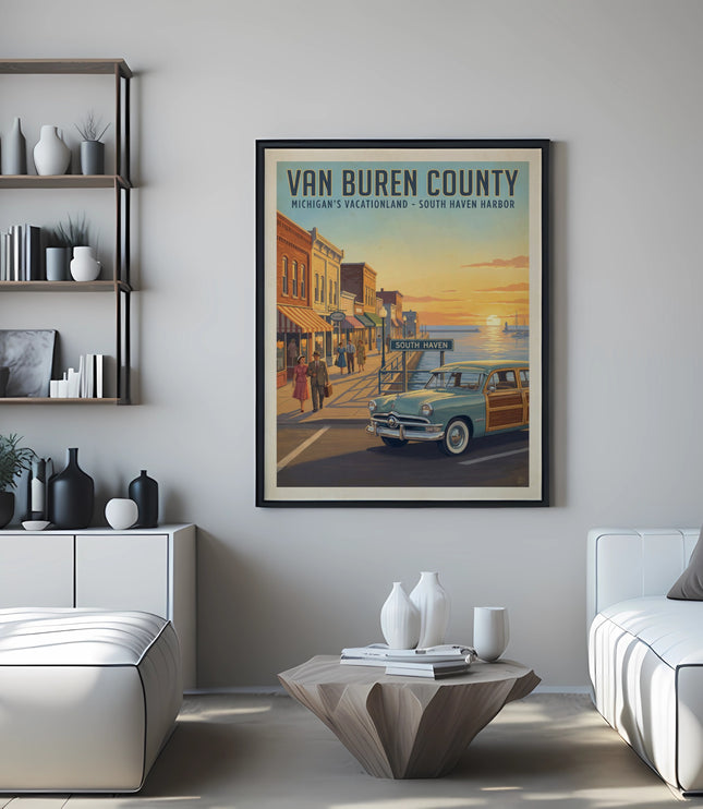 Poster of Van Buren County, Michigan, featuring South Haven Harbor at sunset.