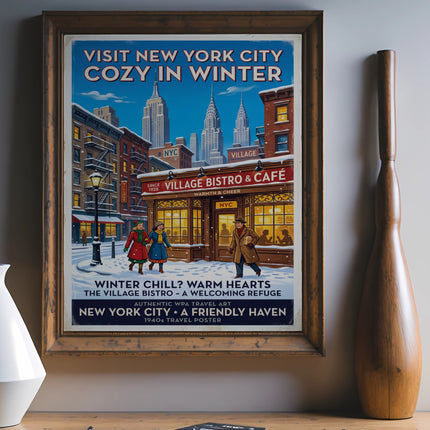 Vintage New York City poster for Village Bistro & Café, cozy winter scene.