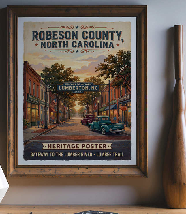 Robeson County, North Carolina heritage poster featuring a vintage street scene.