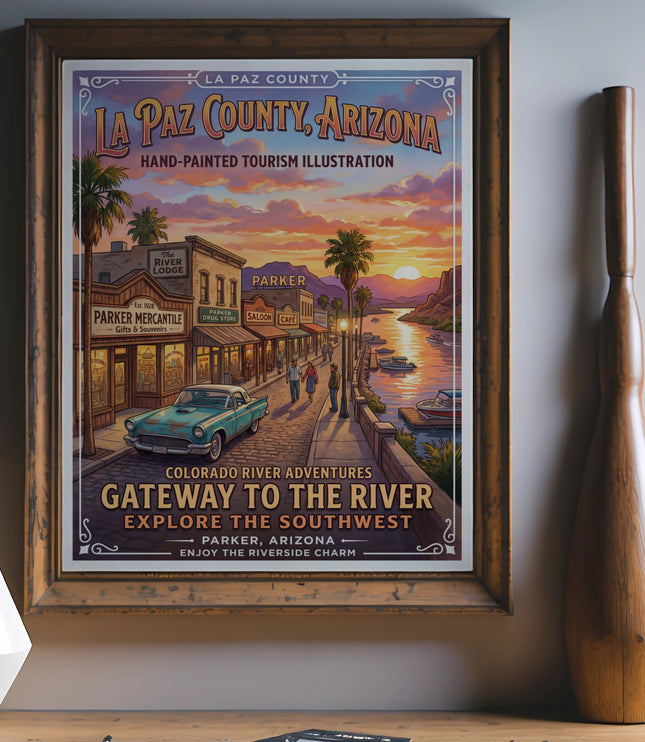 La Paz County, Arizona tourism illustration featuring riverfront town and sunset.