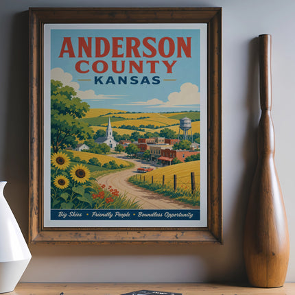 Anderson County Kansas poster with sunflowers, fields, and water tower.