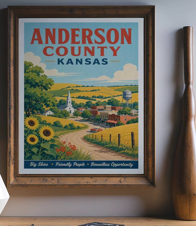 Anderson County Kansas poster with sunflowers, fields, and water tower.