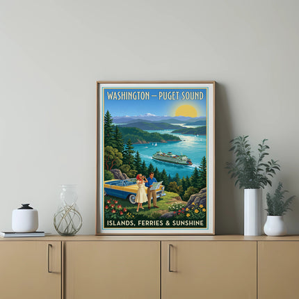 Washington - Puget Sound Islands, Ferries & Sunshine vintage travel poster.