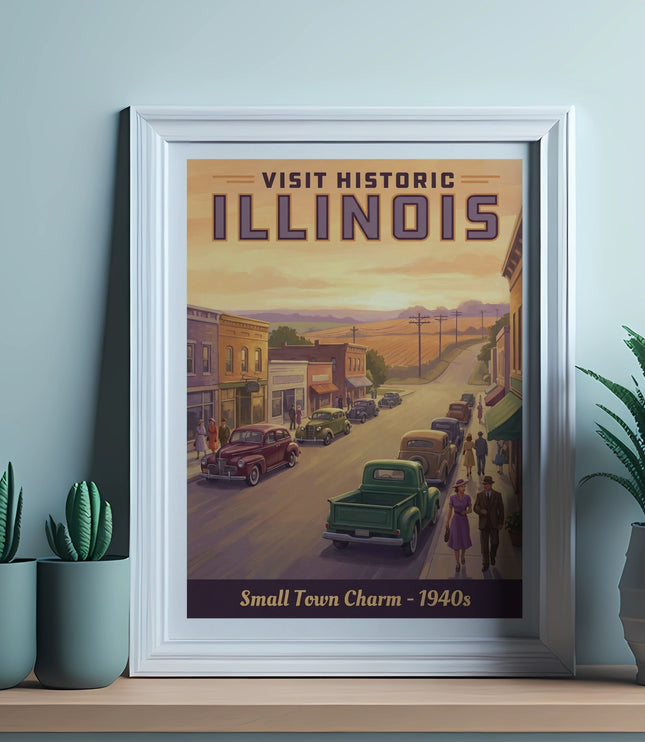 "Visit Historic Illinois" poster depicts a 1940s small town street scene.