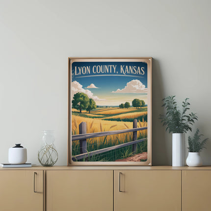 Lyon County, Kansas landscape poster on shelf with decorative items.