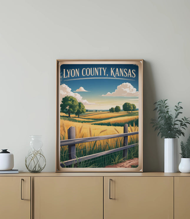 Lyon County, Kansas landscape poster on shelf with decorative items.
