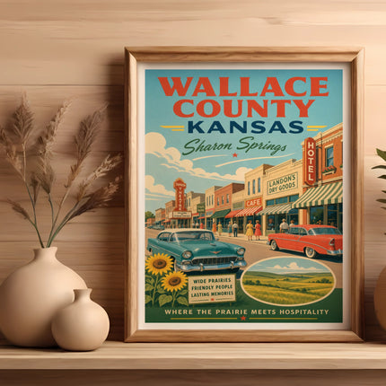 Vintage Wallace County Kansas travel poster featuring Sharon Springs.