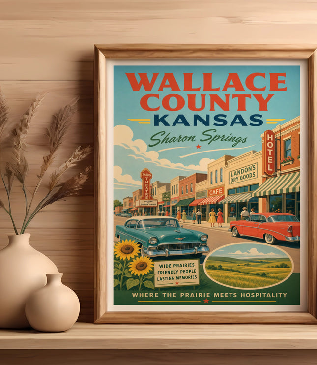Vintage Wallace County Kansas travel poster featuring Sharon Springs.
