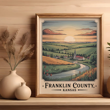 Framed artwork of Franklin County, Kansas landscape with rolling hills and church.