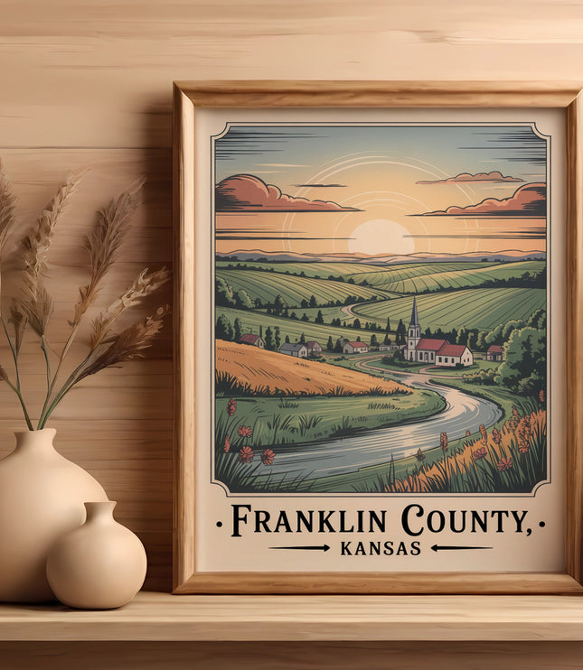 Framed artwork of Franklin County, Kansas landscape with rolling hills and church.