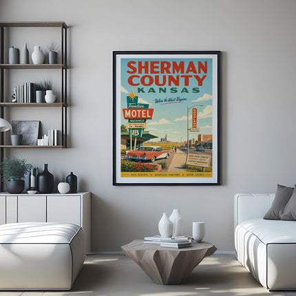 Sherman County Kansas Frontier Motel vintage travel poster with car.