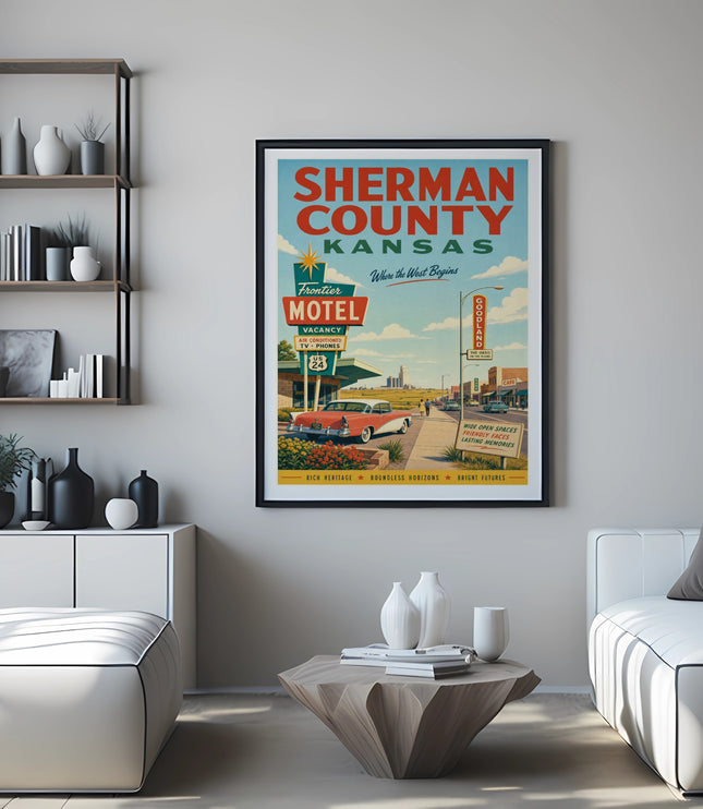 Sherman County Kansas Frontier Motel vintage travel poster with car.