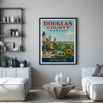 Vintage travel poster for Douglas County, Kansas, featuring a charming town and sunflowers.