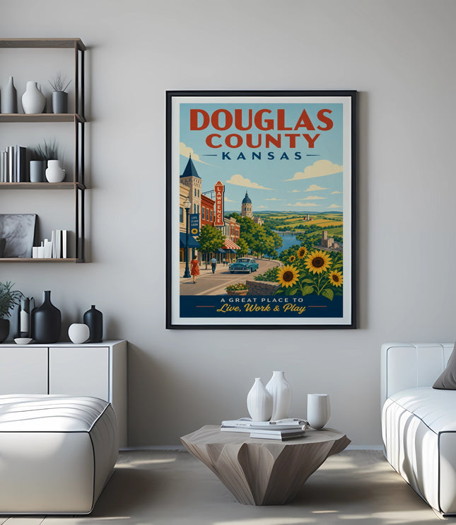 Vintage travel poster for Douglas County, Kansas, featuring a charming town and sunflowers.