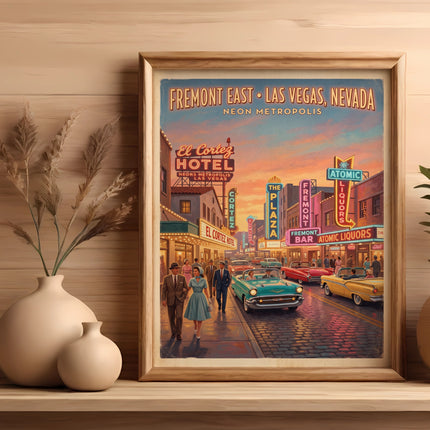 Fremont East, Las Vegas vintage street scene with El Cortez Hotel, neon signs, and classic cars.