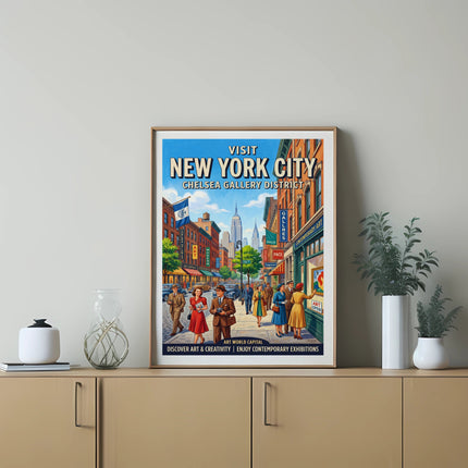 Vintage New York City Chelsea Gallery District poster with stylized figures and buildings.