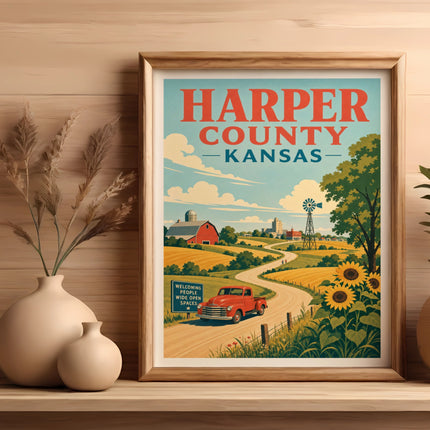 Harper County, Kansas travel poster with farm, sunflowers, and red truck.