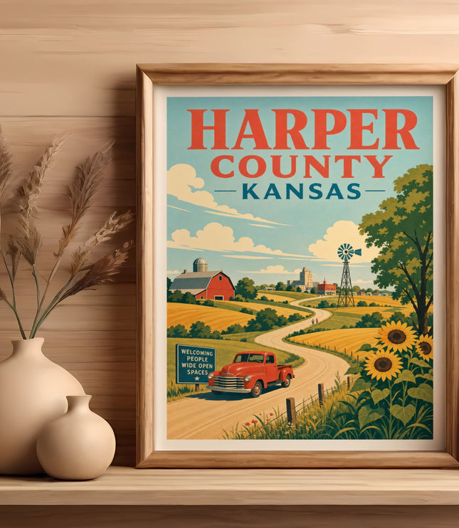 Harper County, Kansas travel poster with farm, sunflowers, and red truck.