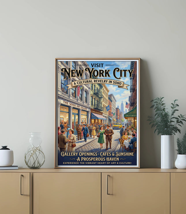 New York City Soho art gallery poster with people, cafes, and a yellow taxi.