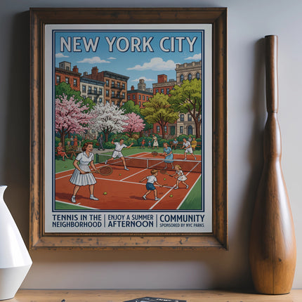 New York City Greenwich Village poster showing people playing tennis in a park.