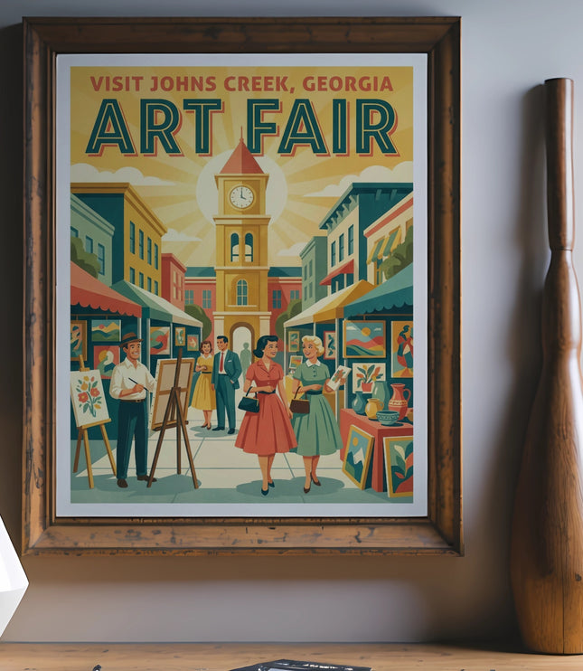 Vintage poster of Johns Creek, Georgia Art Fair with people and art stalls.
