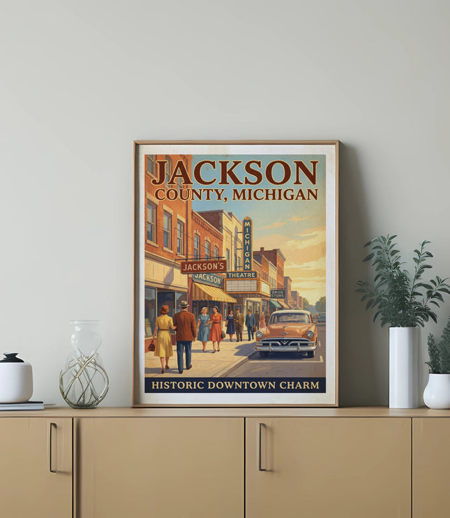 Jackson County, Michigan poster showing historic downtown with people and classic car.