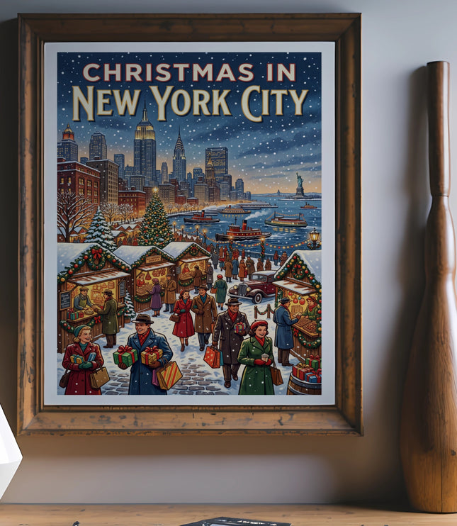 Vintage "Christmas in New York City" poster depicting a snowy marketplace and skyline.