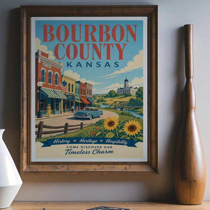 Bourbon County, Kansas vintage travel poster with text.