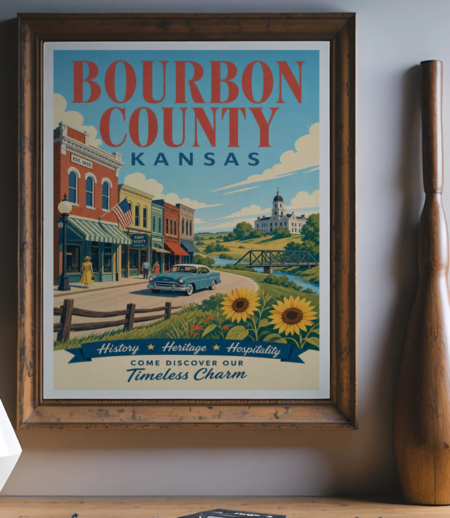 Bourbon County, Kansas vintage travel poster with text.