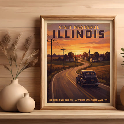 Vintage travel poster for Illinois, showing a car on a road with a sunset and text.