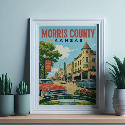 Morris County, Kansas vintage travel poster with "Council Grove" text.
