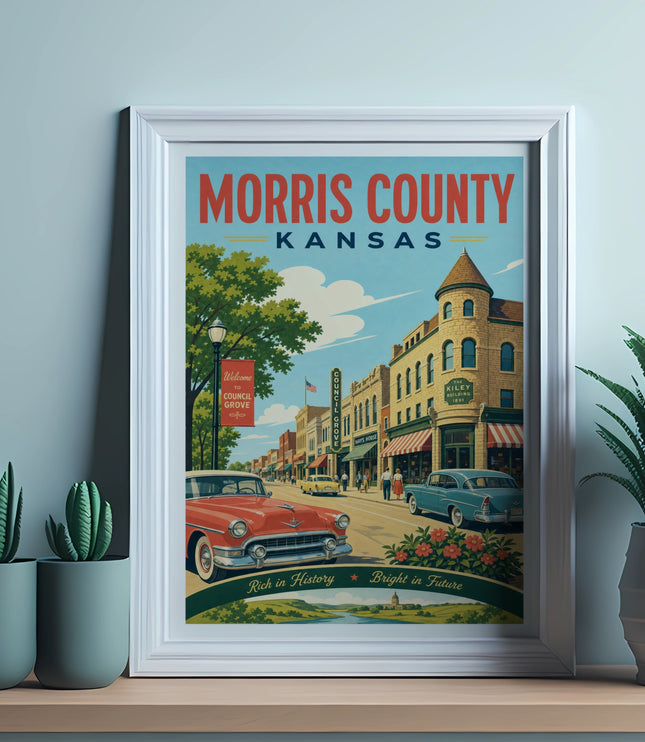 Morris County, Kansas vintage travel poster with "Council Grove" text.