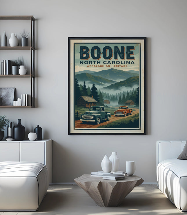 Vintage travel poster of Boone, North Carolina, with trucks and mountains.