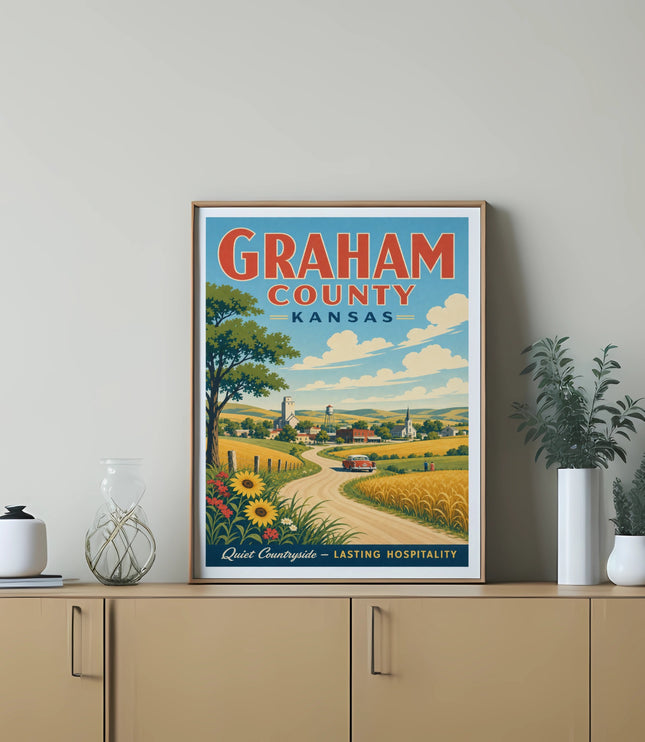 Graham County, Kansas vintage travel poster with a winding road and sunflowers.