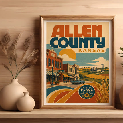 Vintage poster for Allen County, Kansas with town and farm scene.