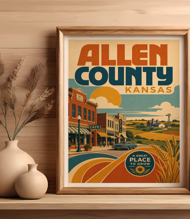 Vintage poster for Allen County, Kansas with town and farm scene.