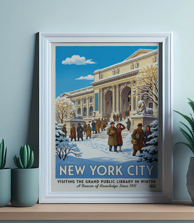 New York City Grand Public Library in winter poster with people and snow.