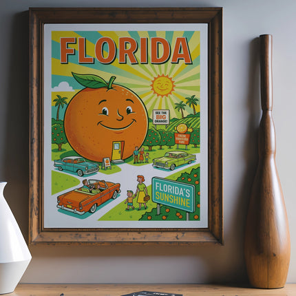 Retro Florida travel poster with smiling orange, cars, and sun.