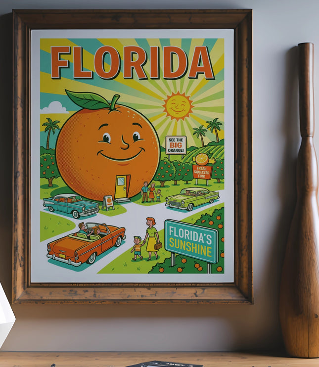 Retro Florida travel poster with smiling orange, cars, and sun.