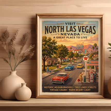 Vintage poster with "Visit North Las Vegas Nevada" and scenes of cars, gas stations, and homes.