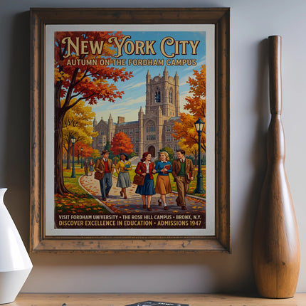 Vintage New York City autumn poster for Fordham University campus.