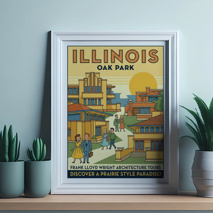 Framed poster with "Illinois Oak Park" and "Discover a Prairie Style Paradise!" text.