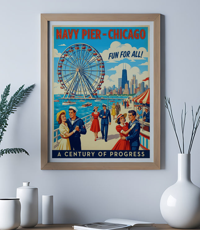 Vintage poster of Navy Pier, Chicago, with a Ferris wheel and skyline, reading "Fun for All!".