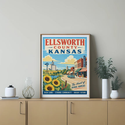 Ellsworth County, Kansas travel poster with sun-drenched sunflowers and rural scene.